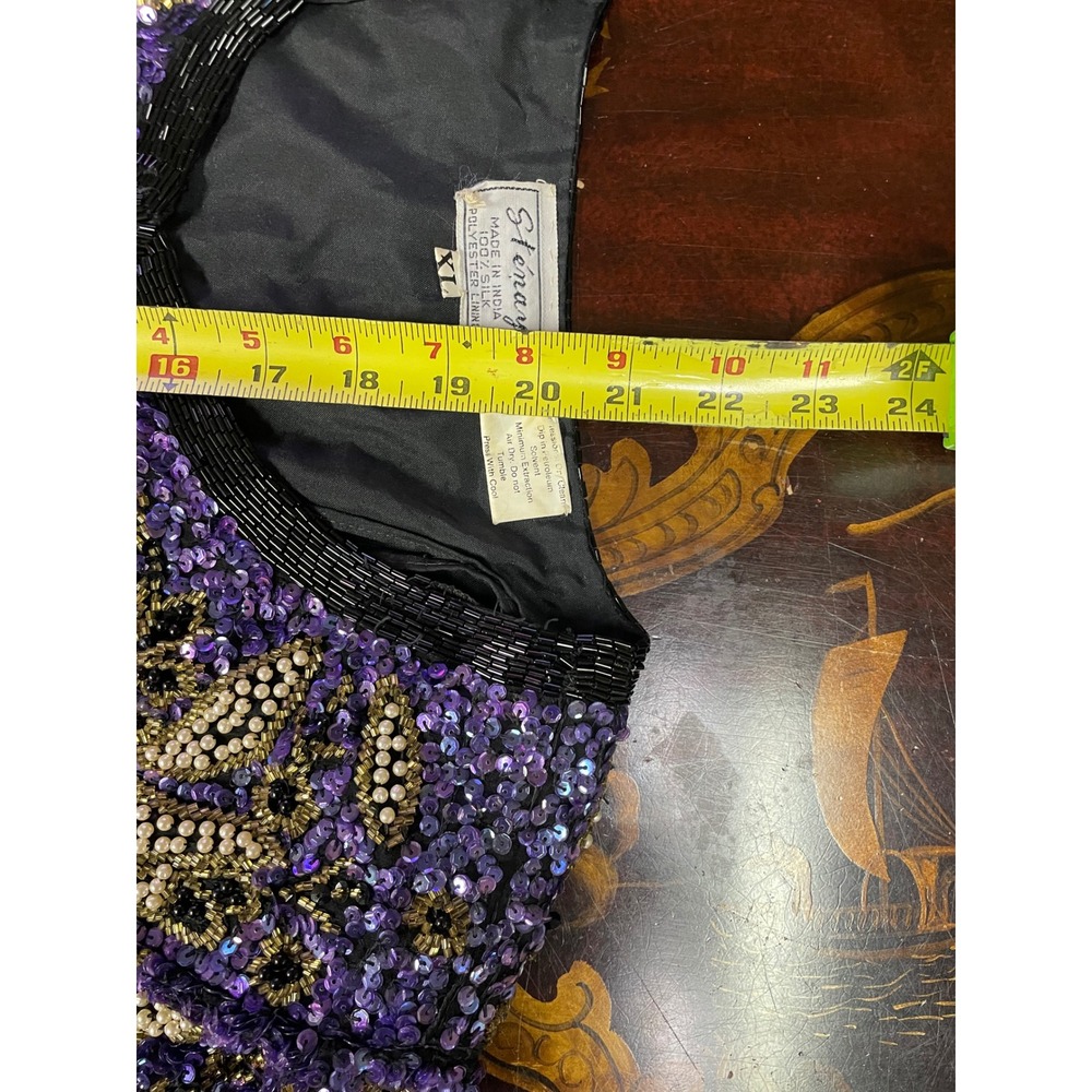 Vtg Stenay Purple Gold Floral Beaded Silk Evening Crop Jacket Bolero Glam XL - Picture 11 of 14